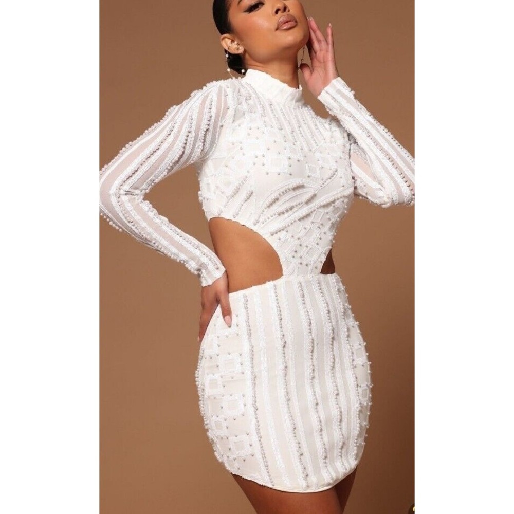 Fashion Nova White Pearl And Sequin Cutout Dress Sz  S